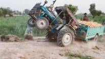 Ford 3610 Tractor With a Heavily Loaded Trolley Gets Stuck